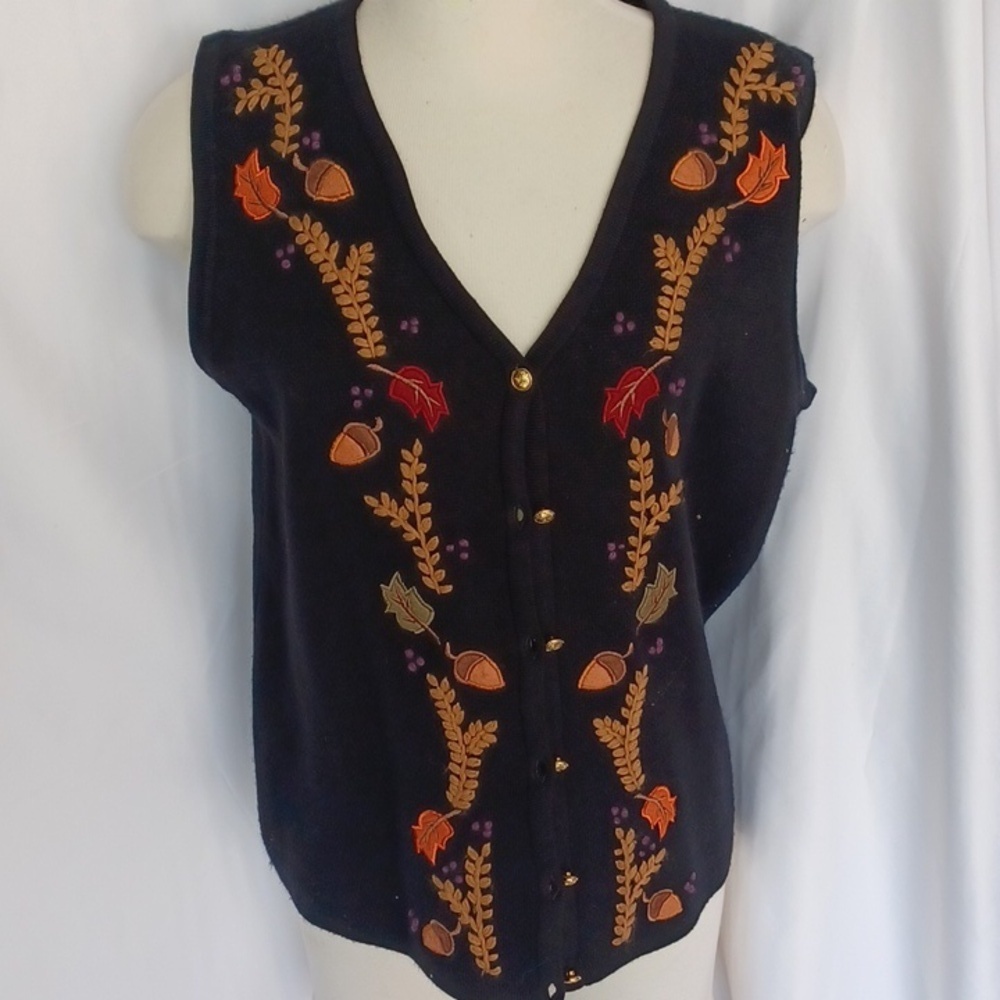Vintage Crystal Kobe Sz M Fall Sweater Vest Black Acorn Leaves Embroidered